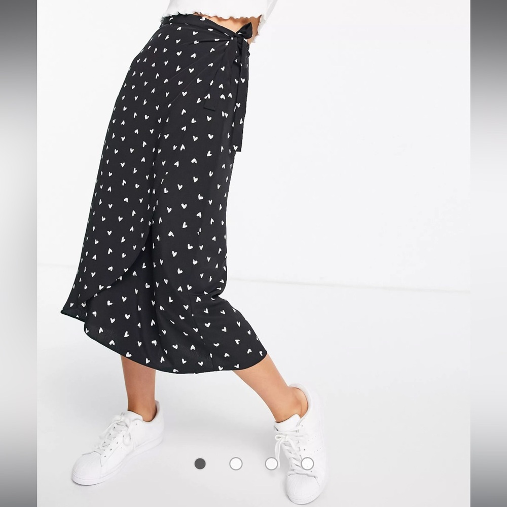 Miss Selfridge Black Midi Wrap Skirt with White Heart Print